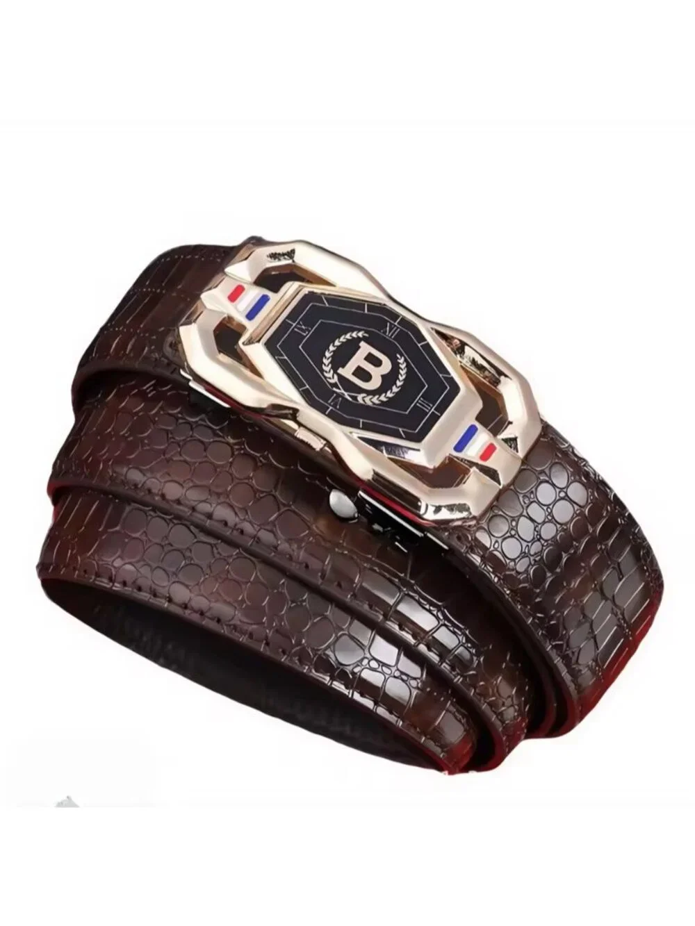 Elegant Fashion Men Belt Adjustable Gold Buckle Crocodile Brown Length 51 in